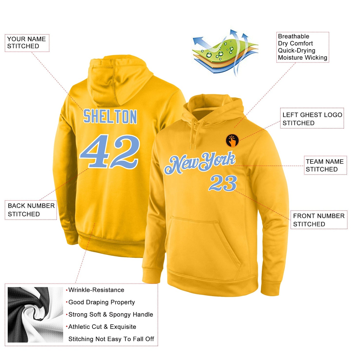 Custom Stitched Gold Light Blue-White Sports Pullover Sweatshirt Hoodie view 4
