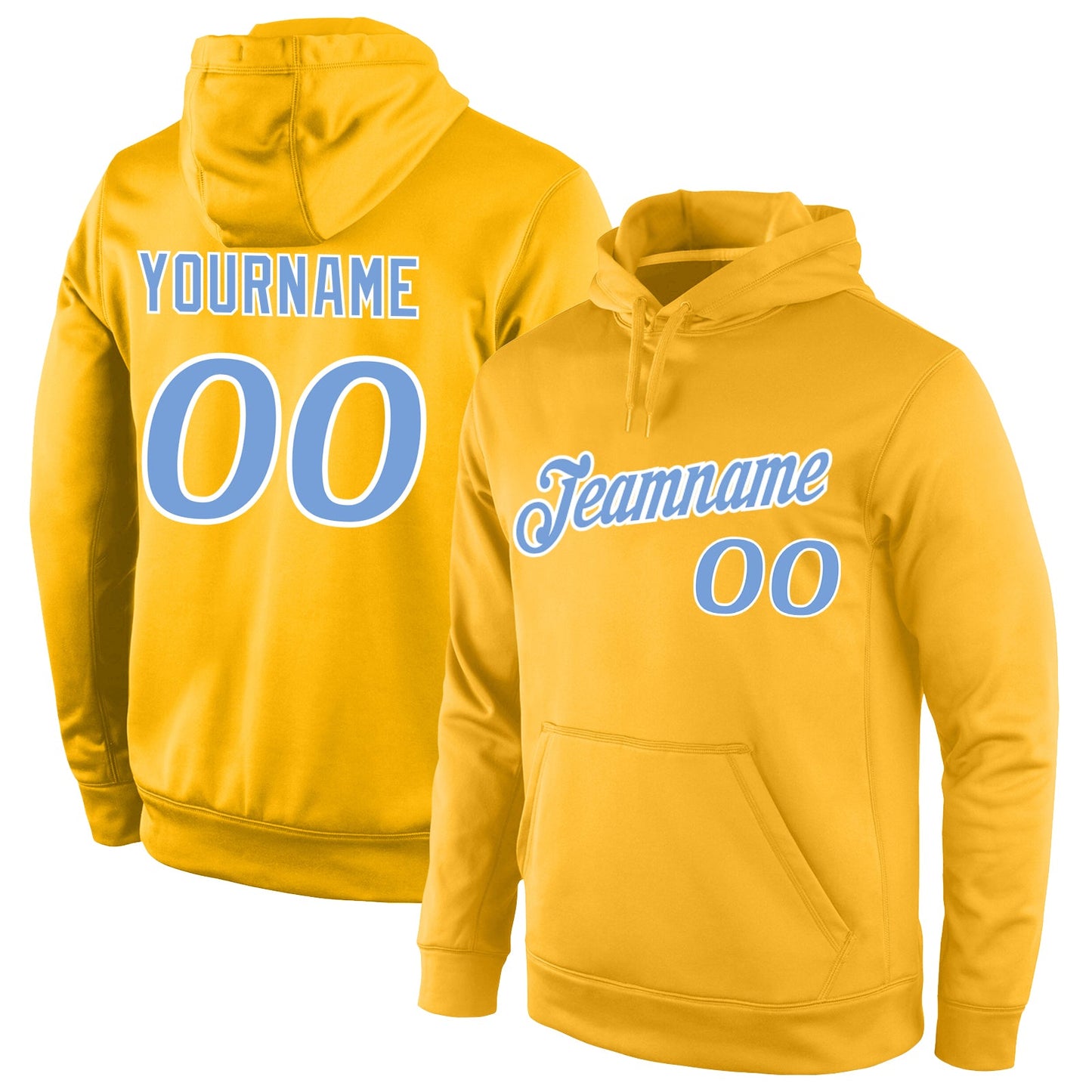Custom Stitched Gold Light Blue-White Sports Pullover Sweatshirt Hoodie - Main View