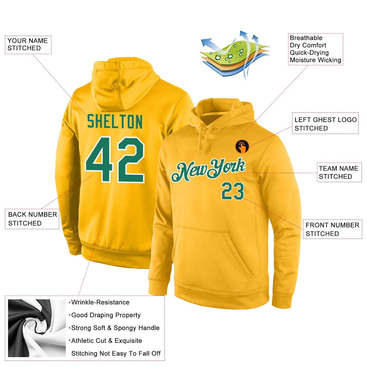 Custom Stitched Gold Kelly Green-White Sports Pullover Sweatshirt Hoodie view 4