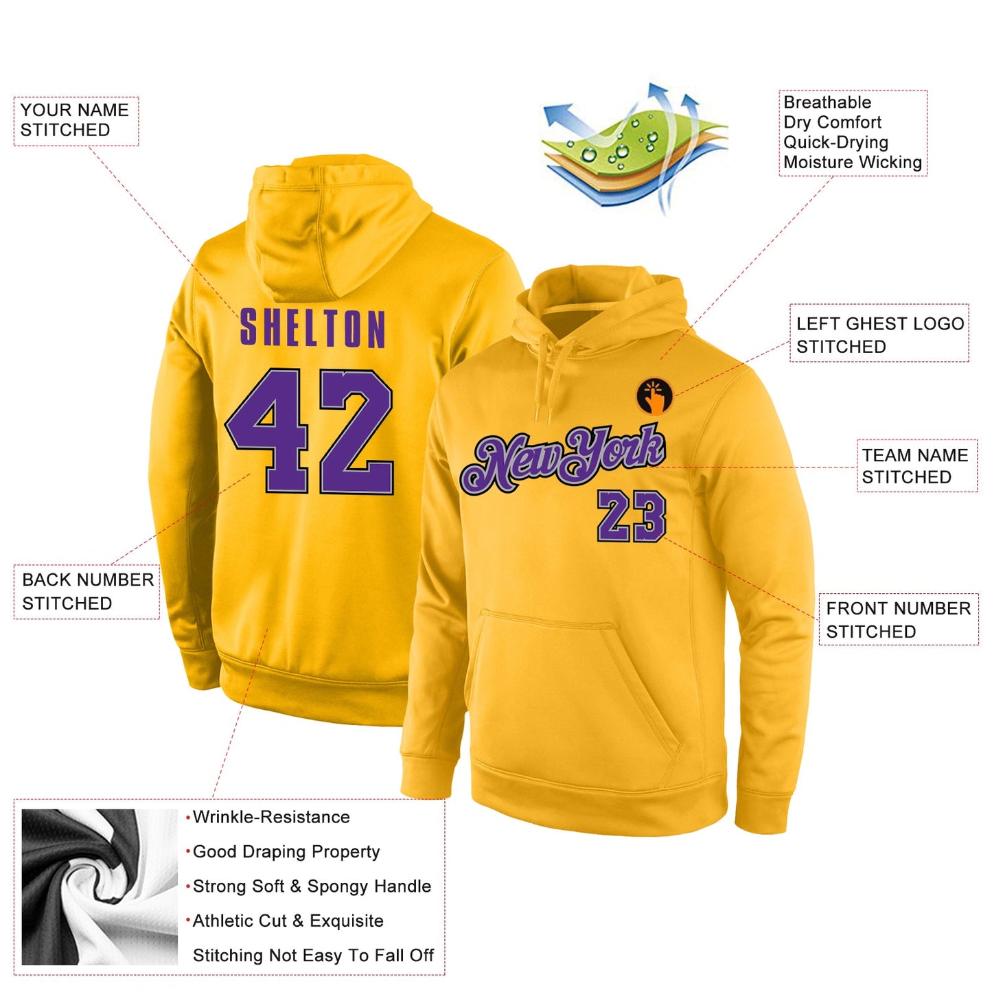 Custom Stitched Gold Purple-Gray Sports Pullover Sweatshirt Hoodie view 4