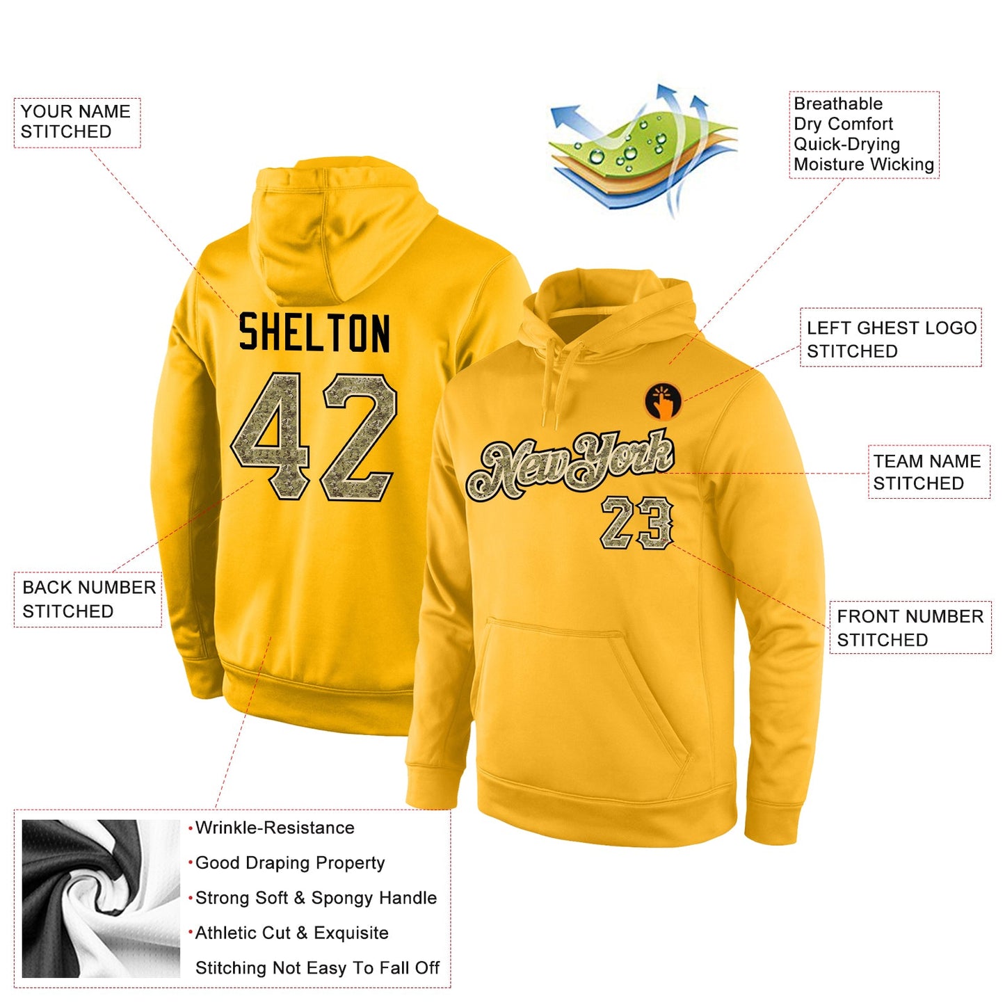 Custom Stitched Gold Camo-Cream Sports Pullover Sweatshirt Hoodie view 4