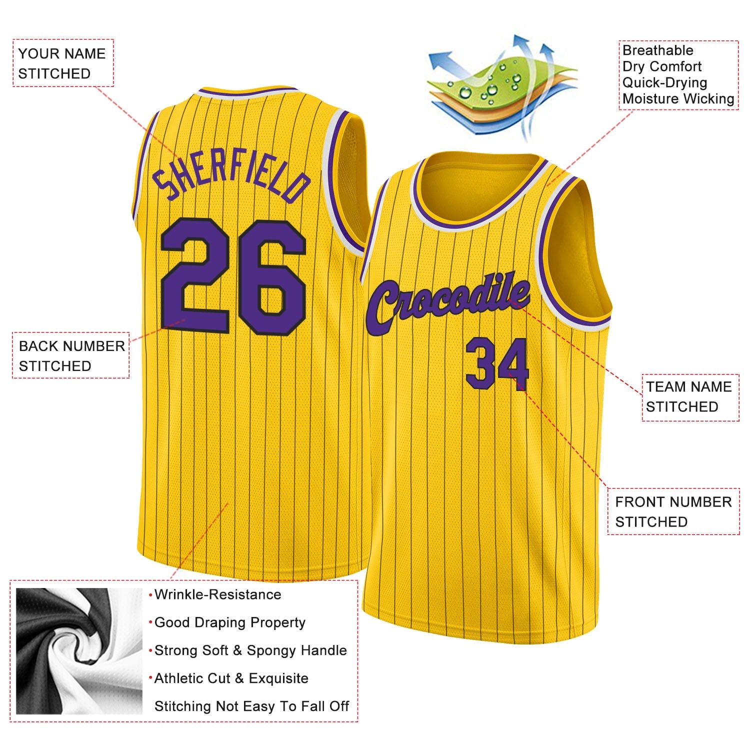 Custom Gold Black Pinstripe Purple-White Authentic Basketball Jersey view 2