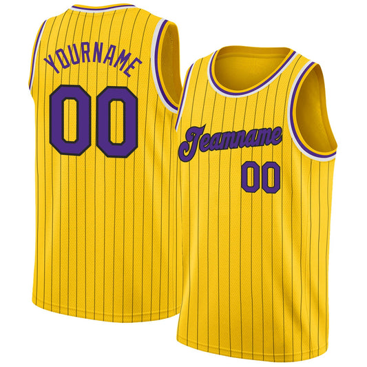 Custom Gold Black Pinstripe Purple-White Authentic Basketball Jersey - Main View