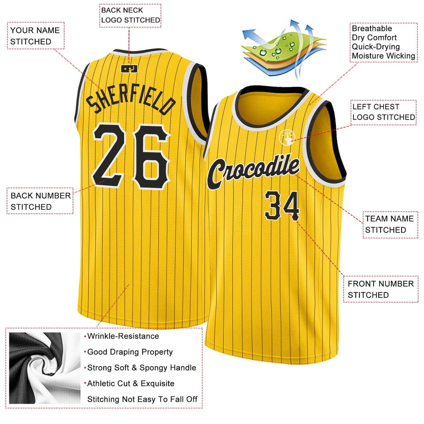 Custom Gold Black Pinstripe Black-White Authentic Basketball Jersey view 2