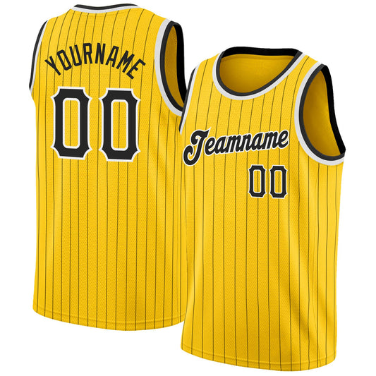 Custom Gold Black Pinstripe Black-White Authentic Basketball Jersey - Main View