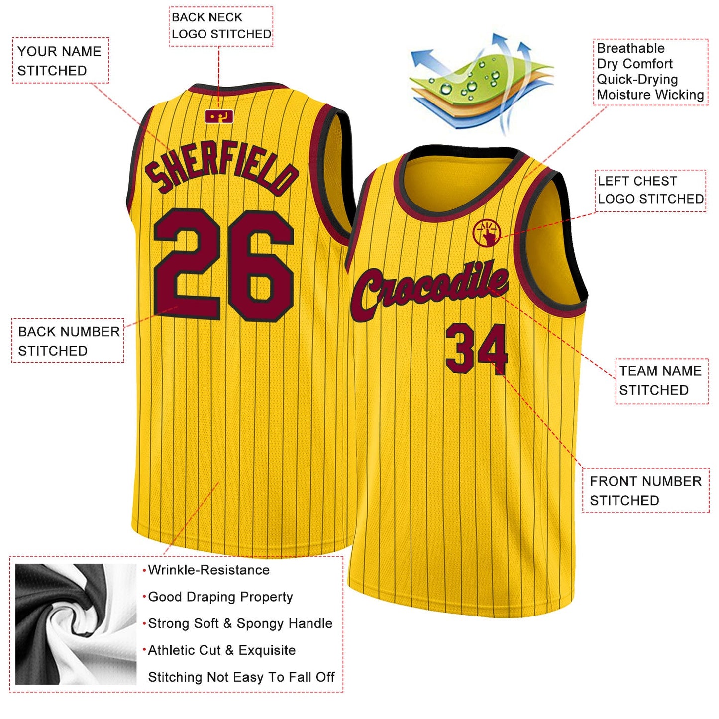Custom Gold Black Pinstripe Maroon-Black Authentic Basketball Jersey view 2