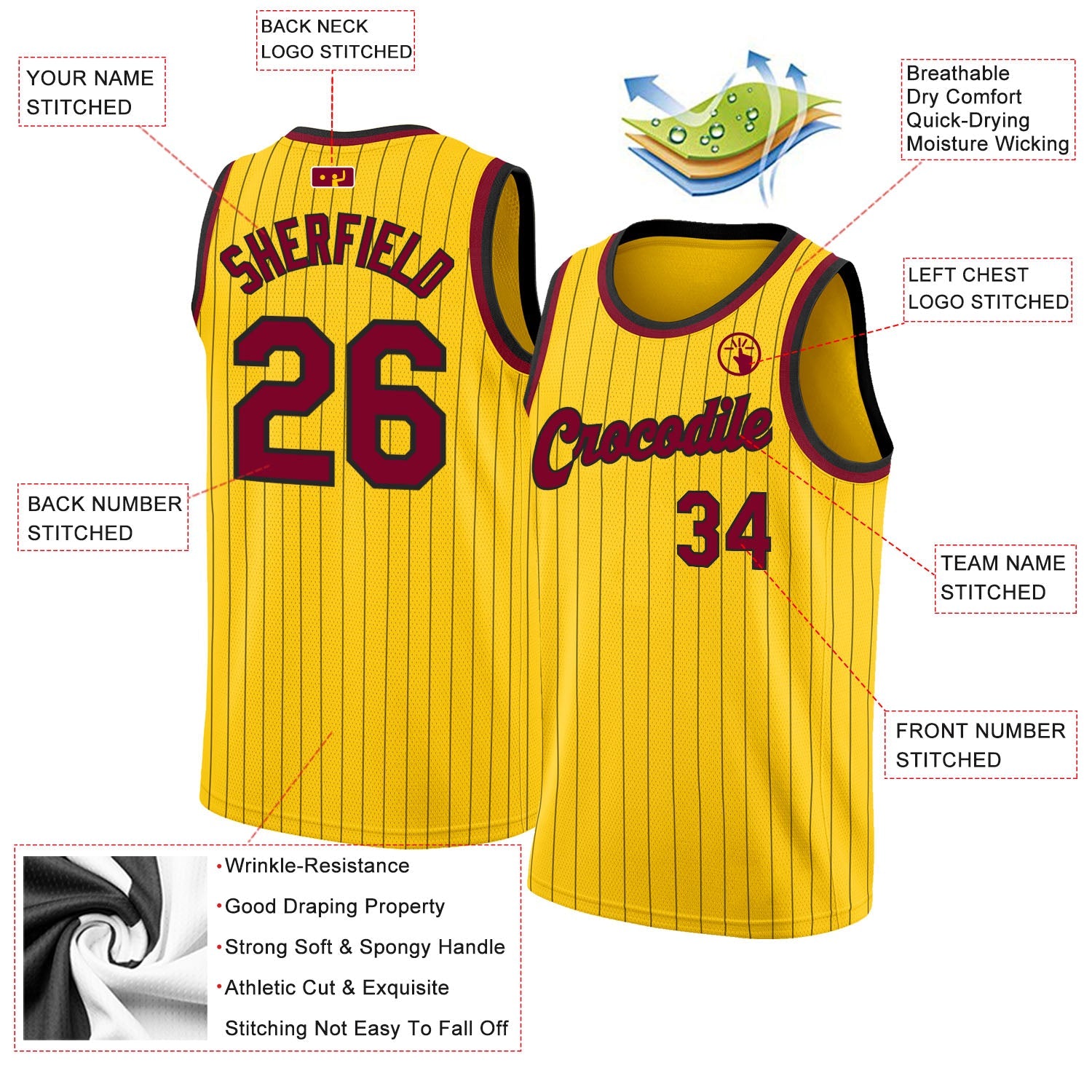 Custom Gold Black Pinstripe Maroon-Black Authentic Basketball Jersey view 2