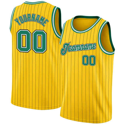 Custom Gold Black Pinstripe Kelly Green-White Authentic Basketball Jersey - Main View