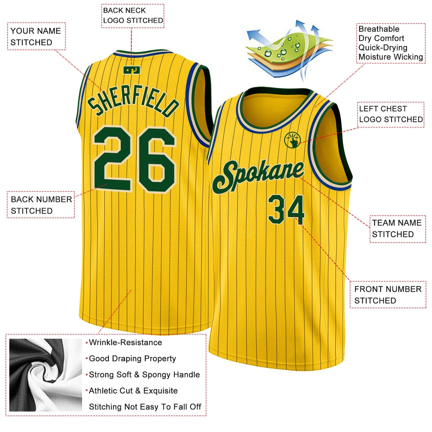 Custom Gold Black Pinstripe Green-Cream Authentic Basketball Jersey view 2