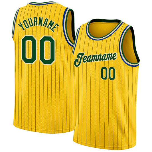 Custom Gold Black Pinstripe Green-Cream Authentic Basketball Jersey - Main View