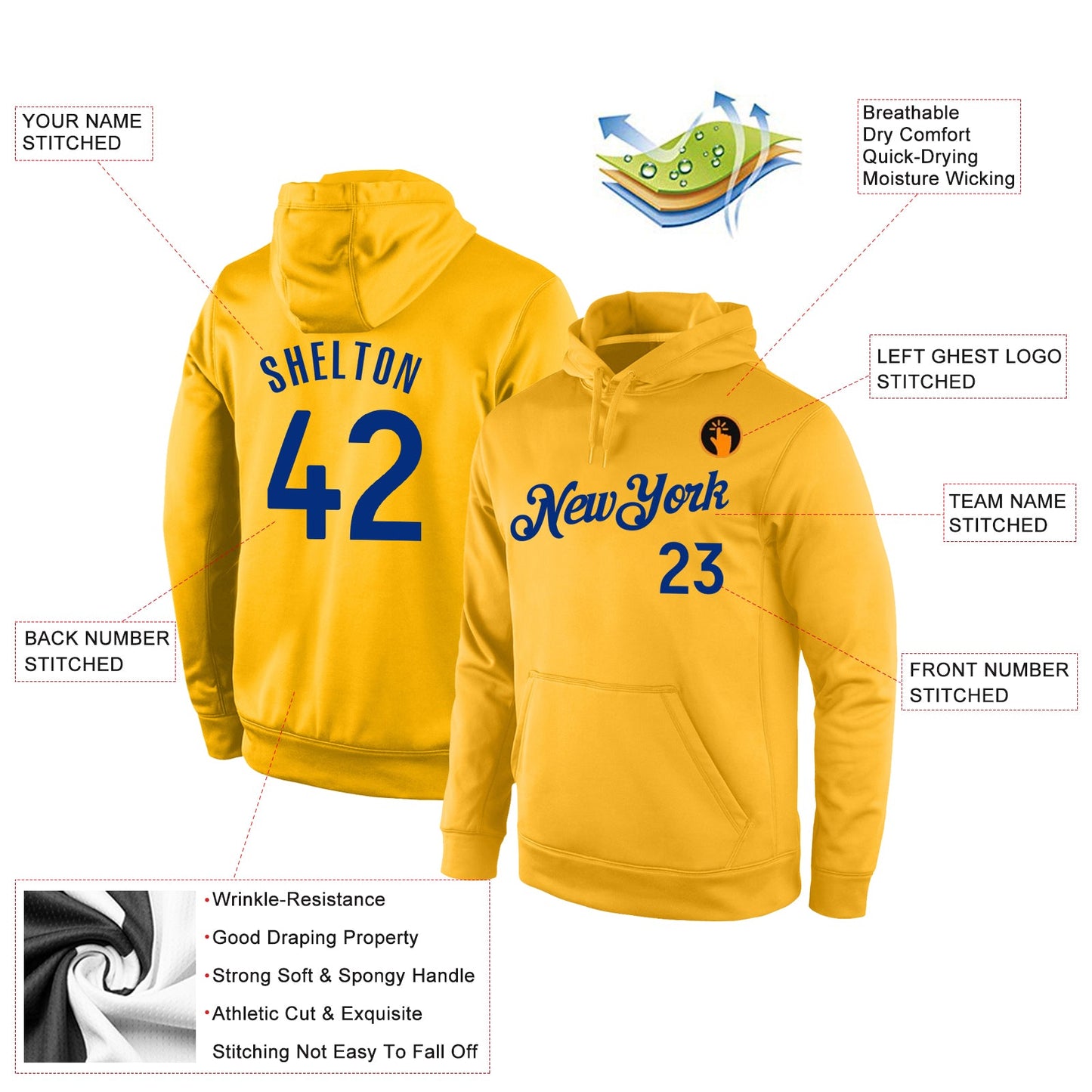 Custom Stitched Gold Royal Sports Pullover Sweatshirt Hoodie view 4