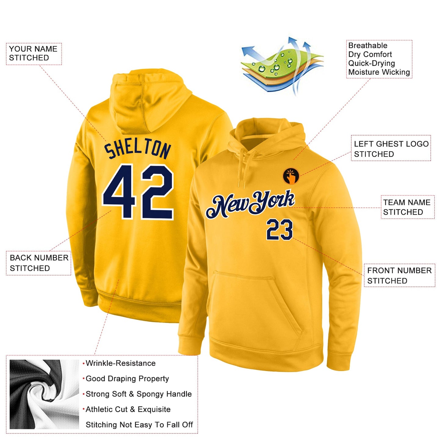 Custom Stitched Gold Navy-White Sports Pullover Sweatshirt Hoodie view 4