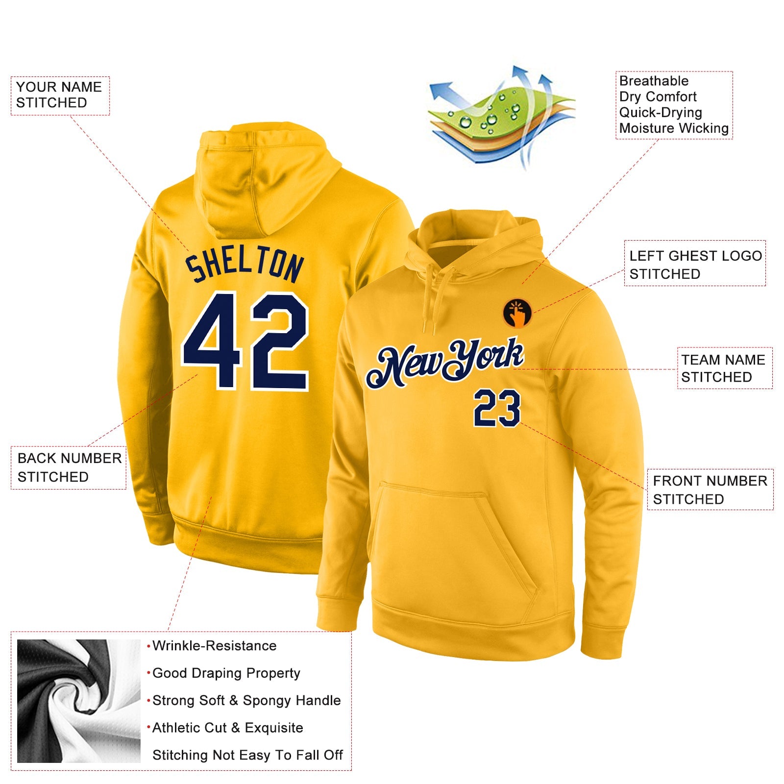 Custom Stitched Gold Navy-White Sports Pullover Sweatshirt Hoodie view 4
