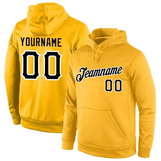 Custom Stitched Gold Black-White Sports Pullover Sweatshirt Hoodie - Main View