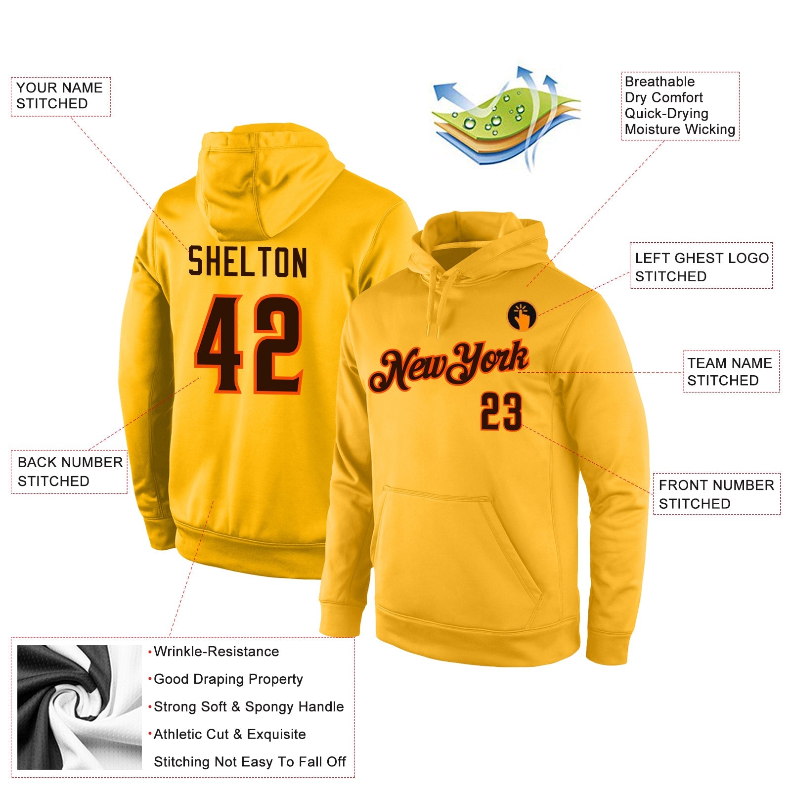Custom Stitched Gold Brown-Orange Sports Pullover Sweatshirt Hoodie view 4