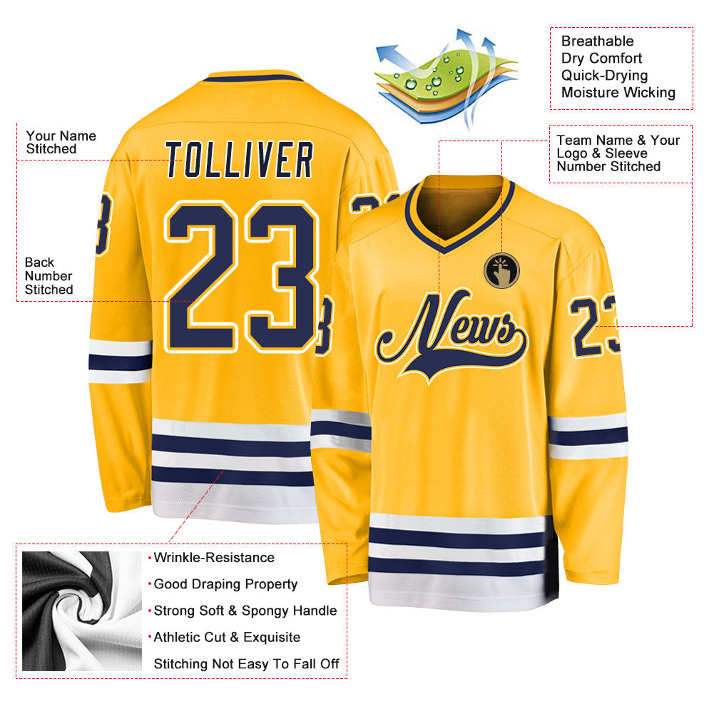 Custom Gold Navy-White Hockey Jersey view 2
