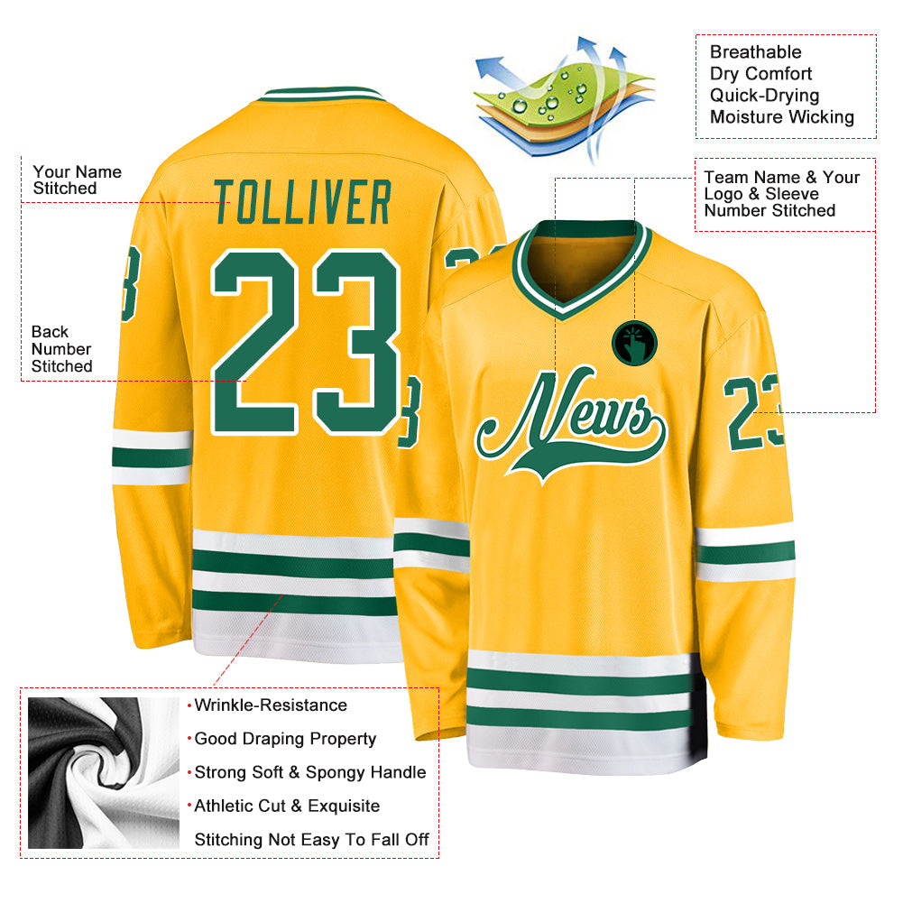 Custom Gold Kelly Green-White Hockey Jersey view 2
