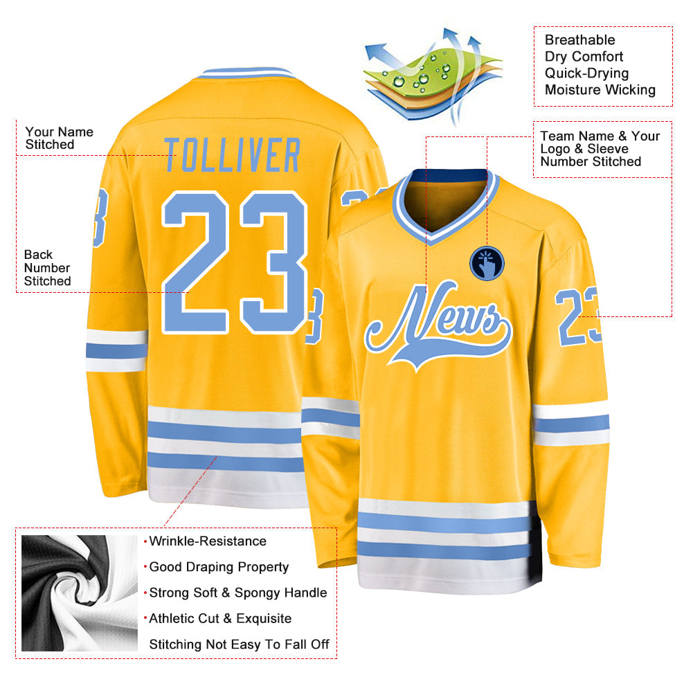 Custom Gold Light Blue-White Hockey Jersey view 2