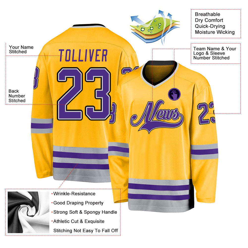 Custom Gold Purple-Gray Hockey Jersey view 2