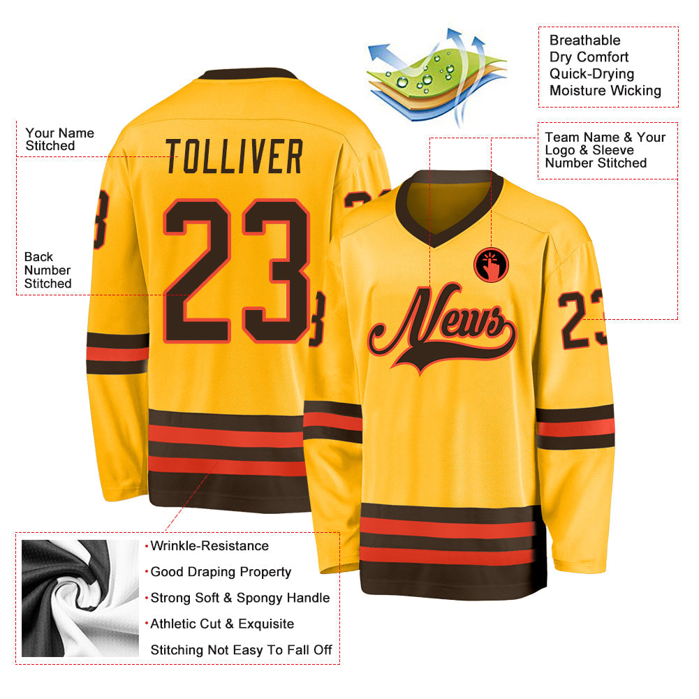 Custom Gold Brown-Orange Hockey Jersey view 2