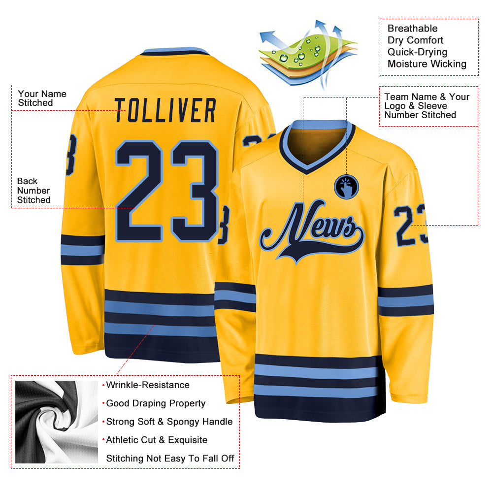 Custom Gold Navy-Light Blue Hockey Jersey view 2