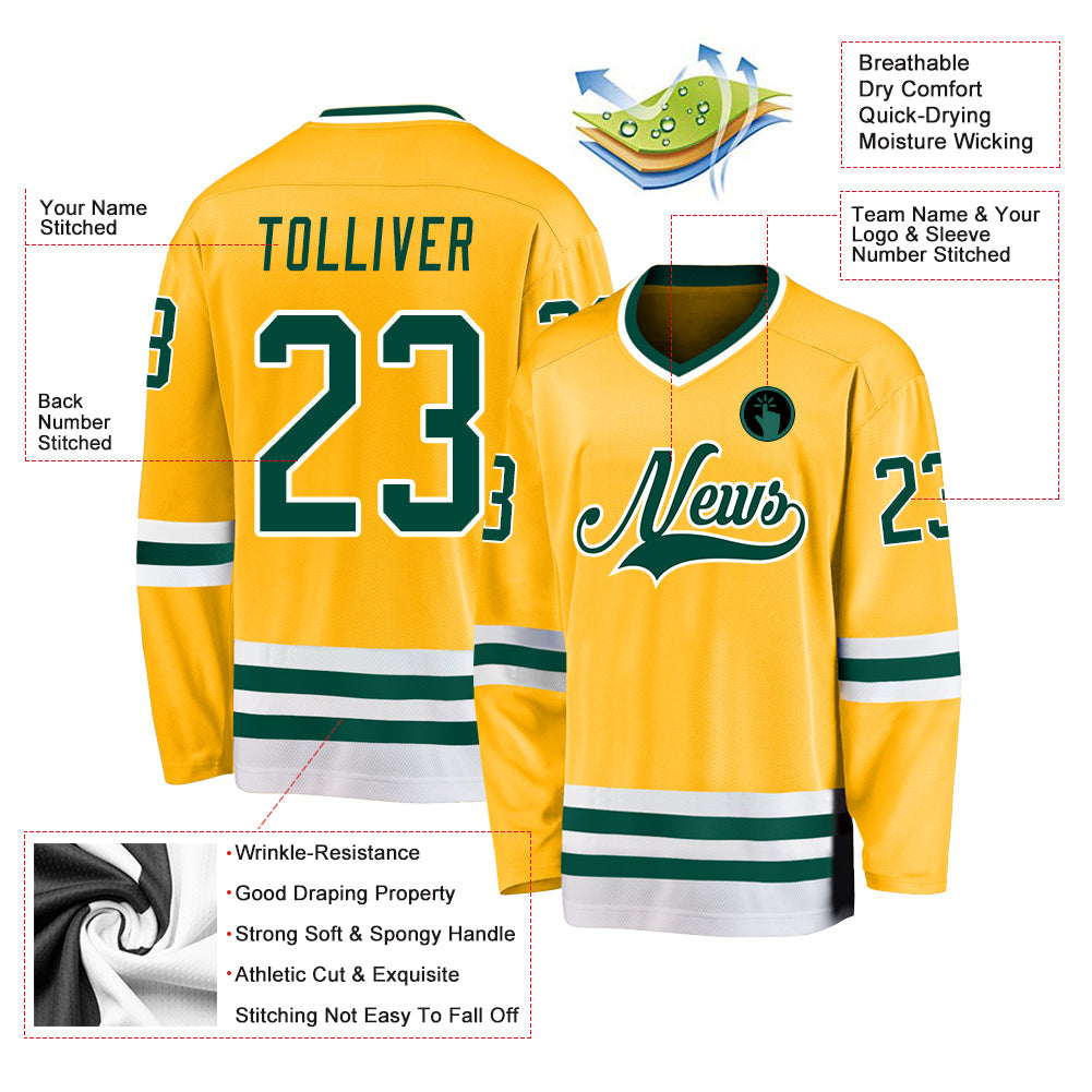 Custom Gold Green-White Hockey Jersey view 2