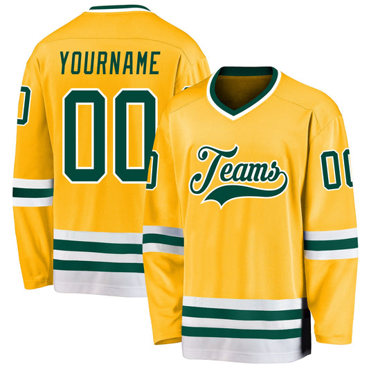 Custom Gold Green-White Hockey Jersey - Main View