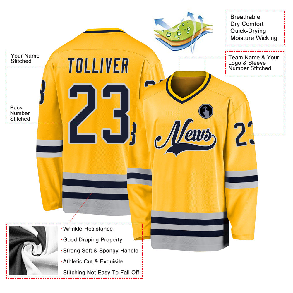 Custom Gold Navy-Gray Hockey Jersey view 2