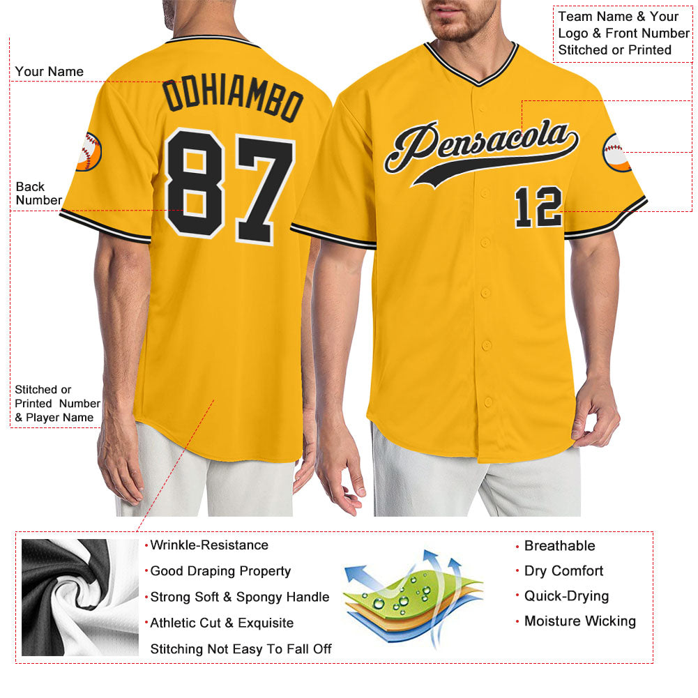 Custom Gold Black-White Authentic Baseball Jersey view 3