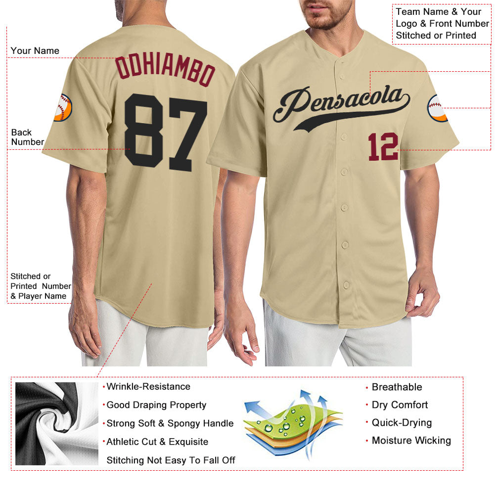 Custom Sand Black-Crimson Authentic Baseball Jersey view 3