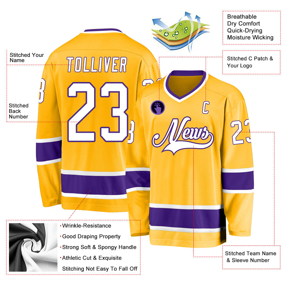 Custom Gold White-Purple Hockey Jersey view 2