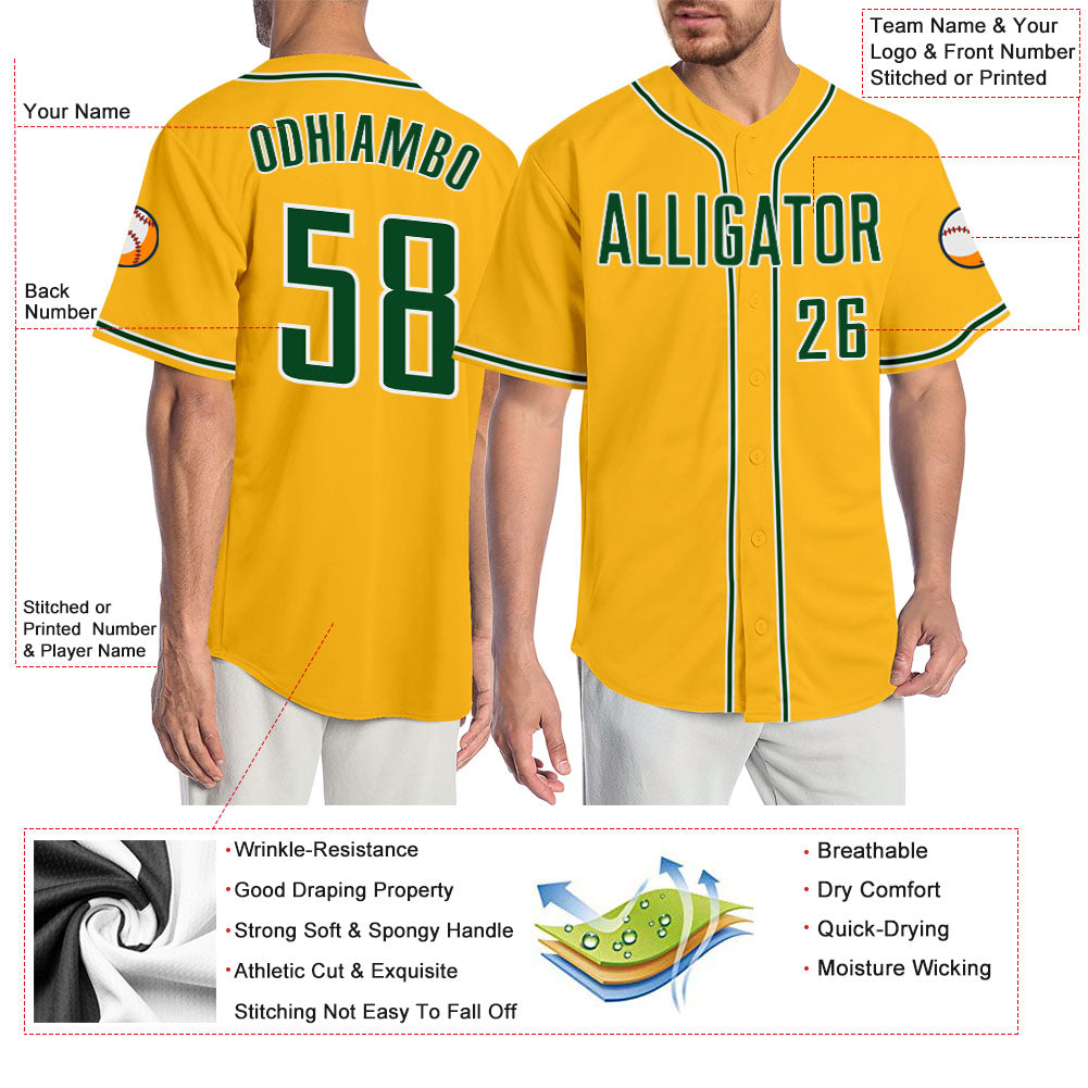 Custom Gold Green-White Authentic Baseball Jersey view 3