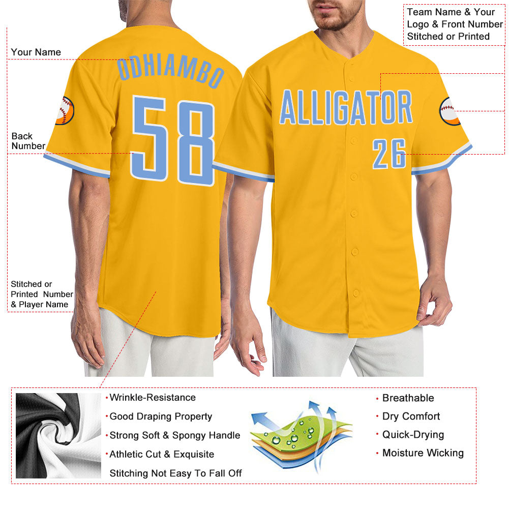 Custom Gold Light Blue-White Authentic Baseball Jersey view 3