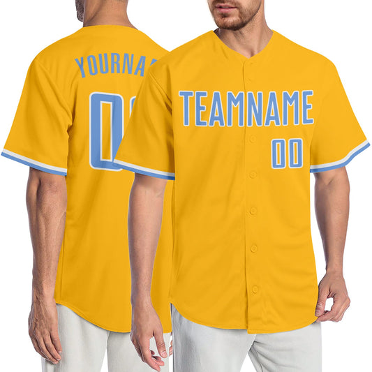 Custom Gold Light Blue-White Authentic Baseball Jersey - Main View