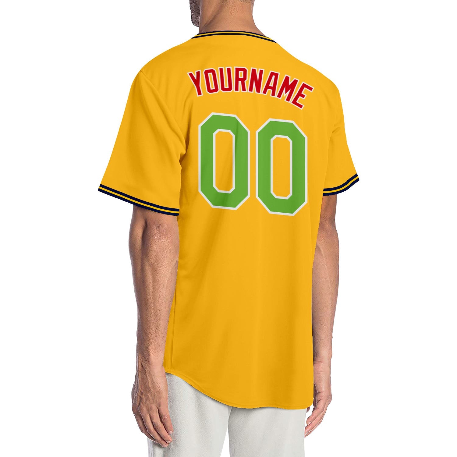 Custom Gold Neon Green-Red Authentic Baseball Jersey view 2