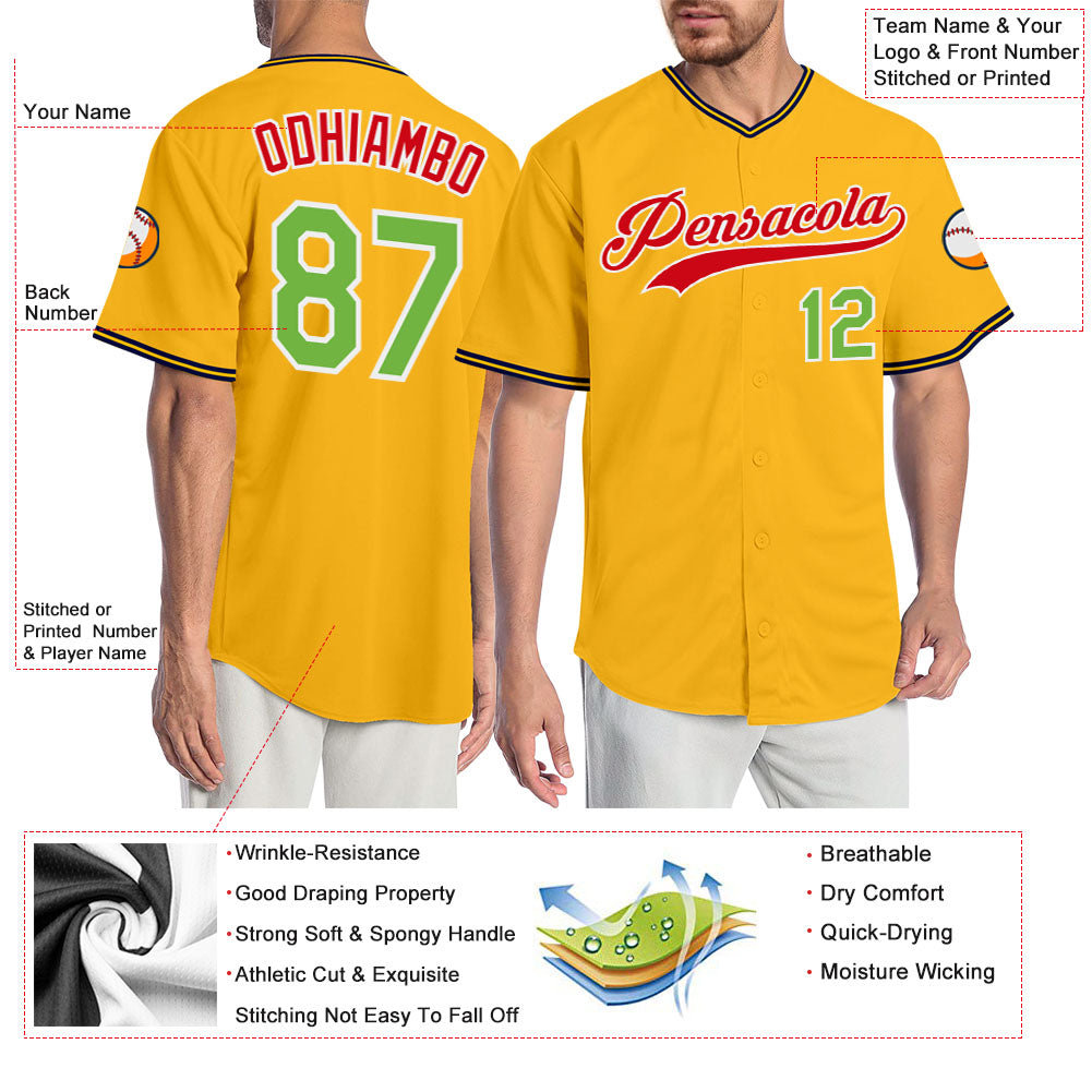 Custom Gold Neon Green-Red Authentic Baseball Jersey view 3