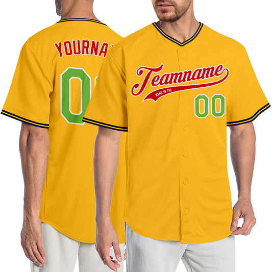 Custom Gold Neon Green-Red Authentic Baseball Jersey - Main View