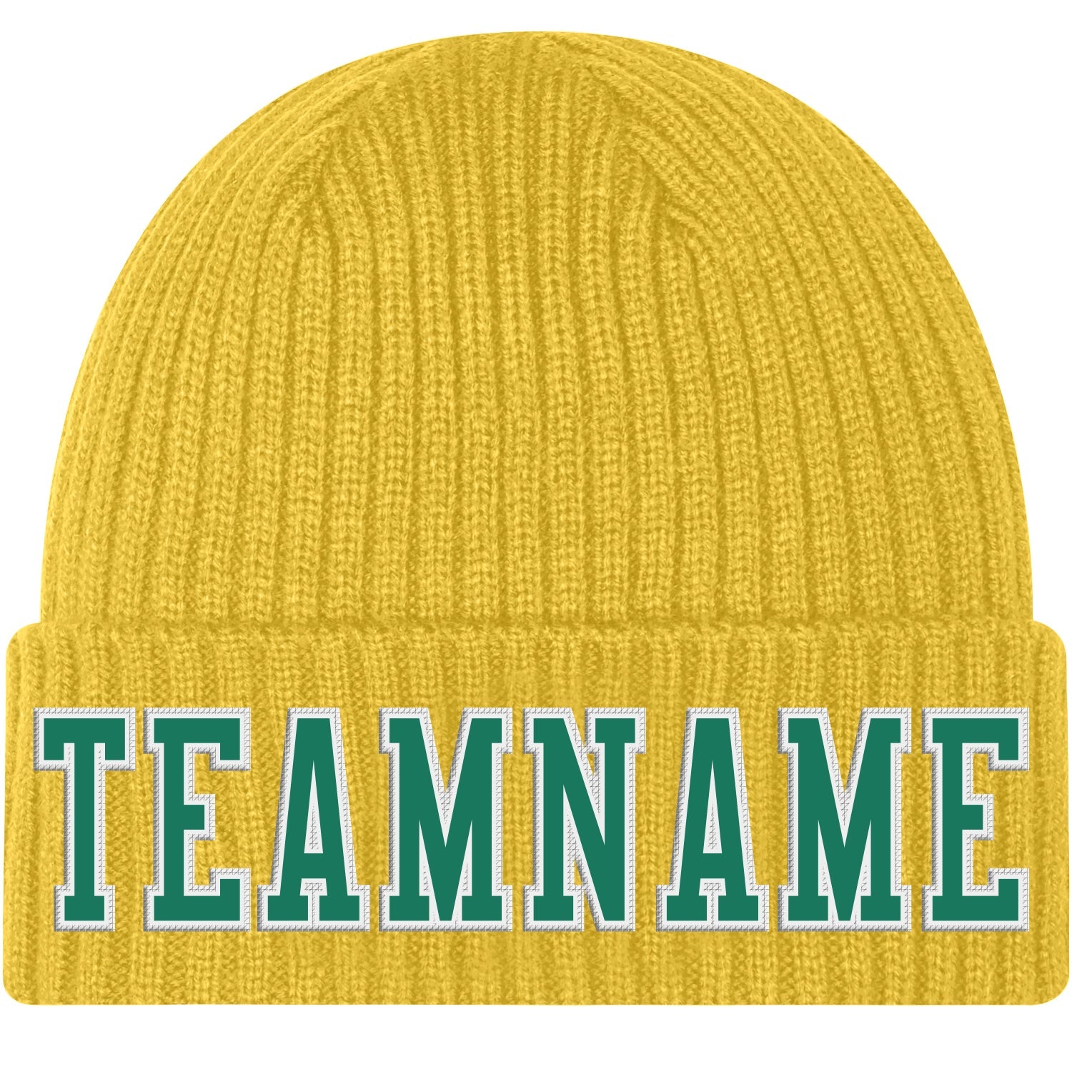 Custom Gold Kelly Green-White Stitched Cuffed Knit Hat - Main View