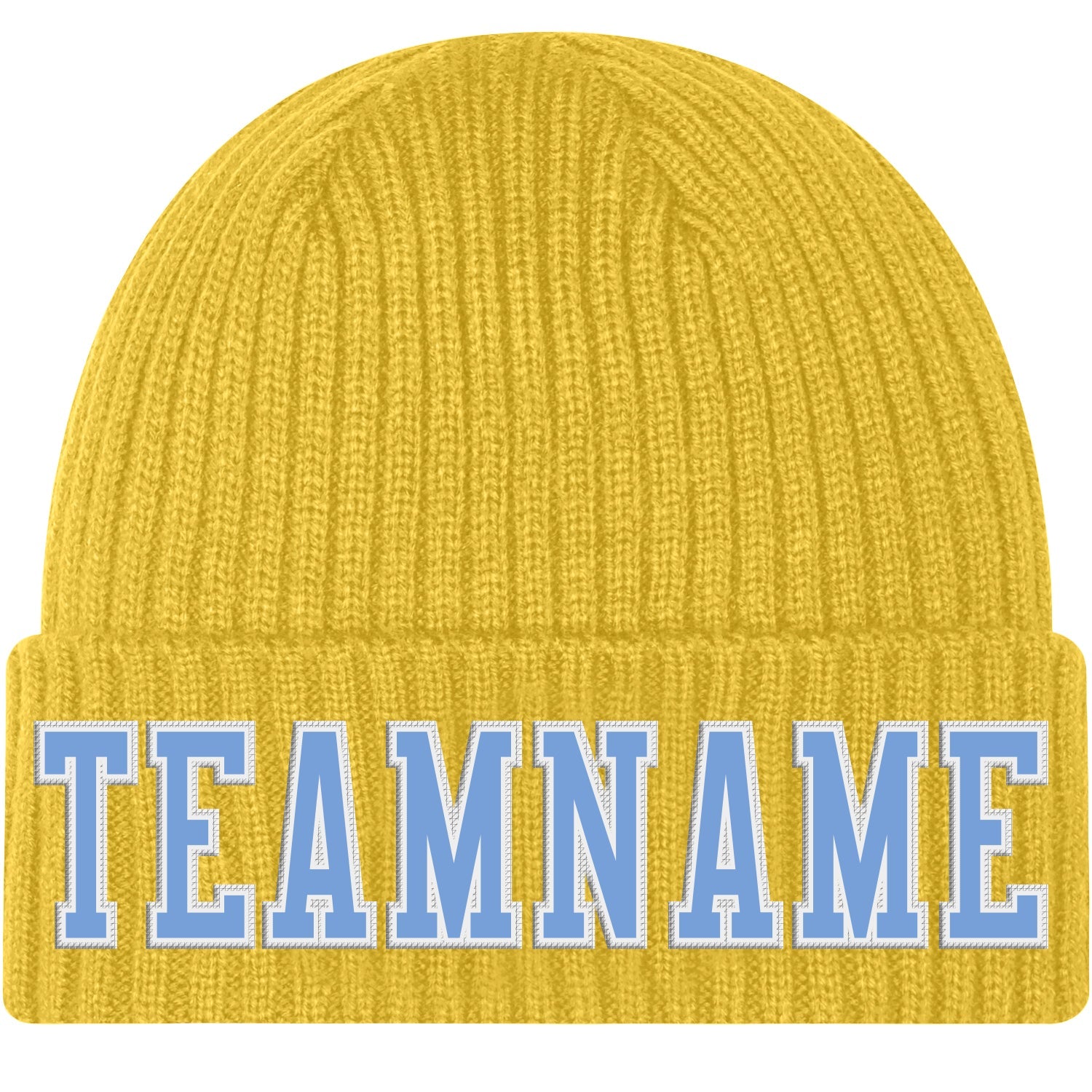 Custom Gold Light Blue-White Stitched Cuffed Knit Hat - Main View