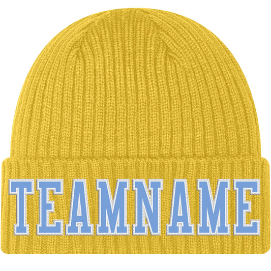 Custom Gold Light Blue-White Stitched Cuffed Knit Hat - Main View