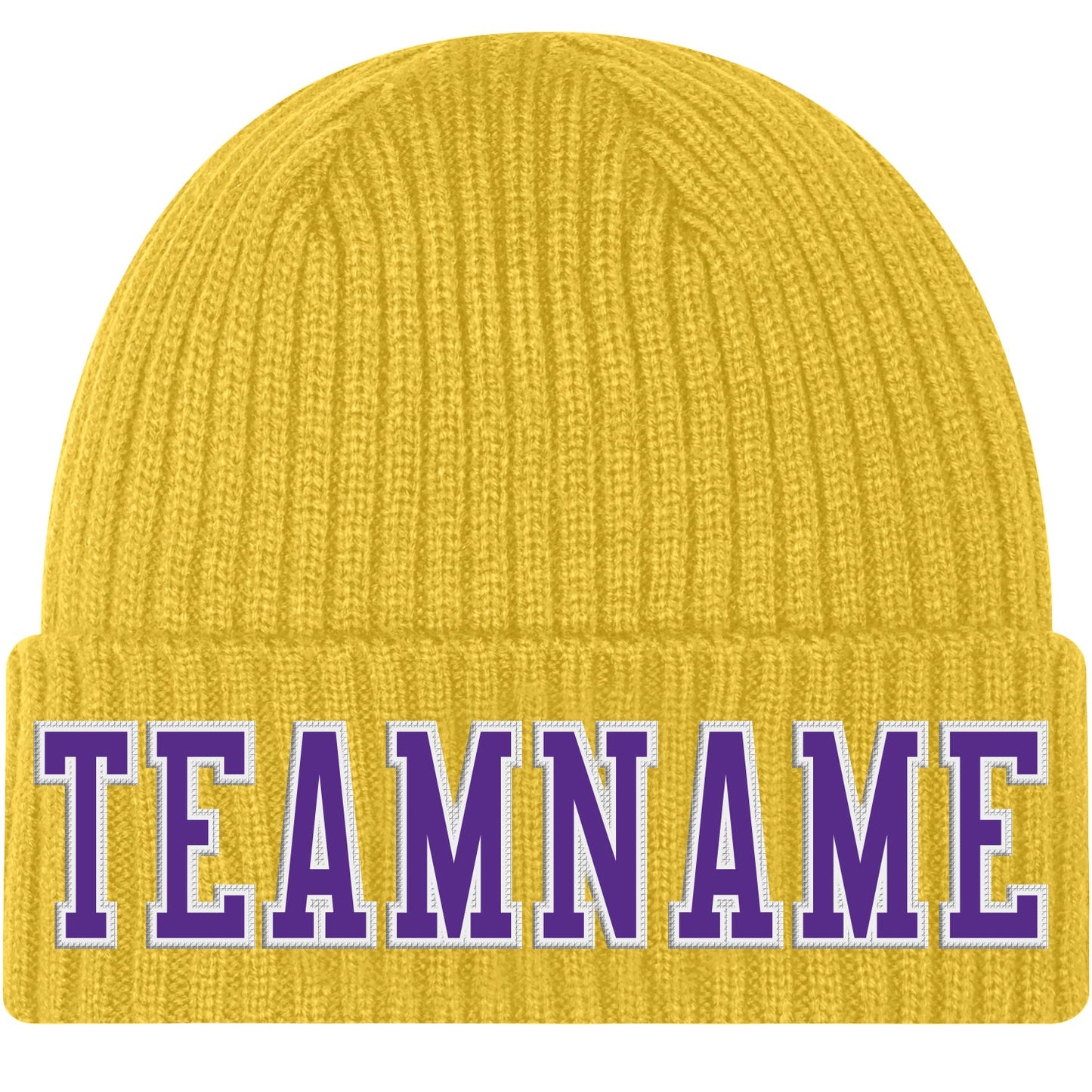 Custom Gold Purple-White Stitched Cuffed Knit Hat - Main View