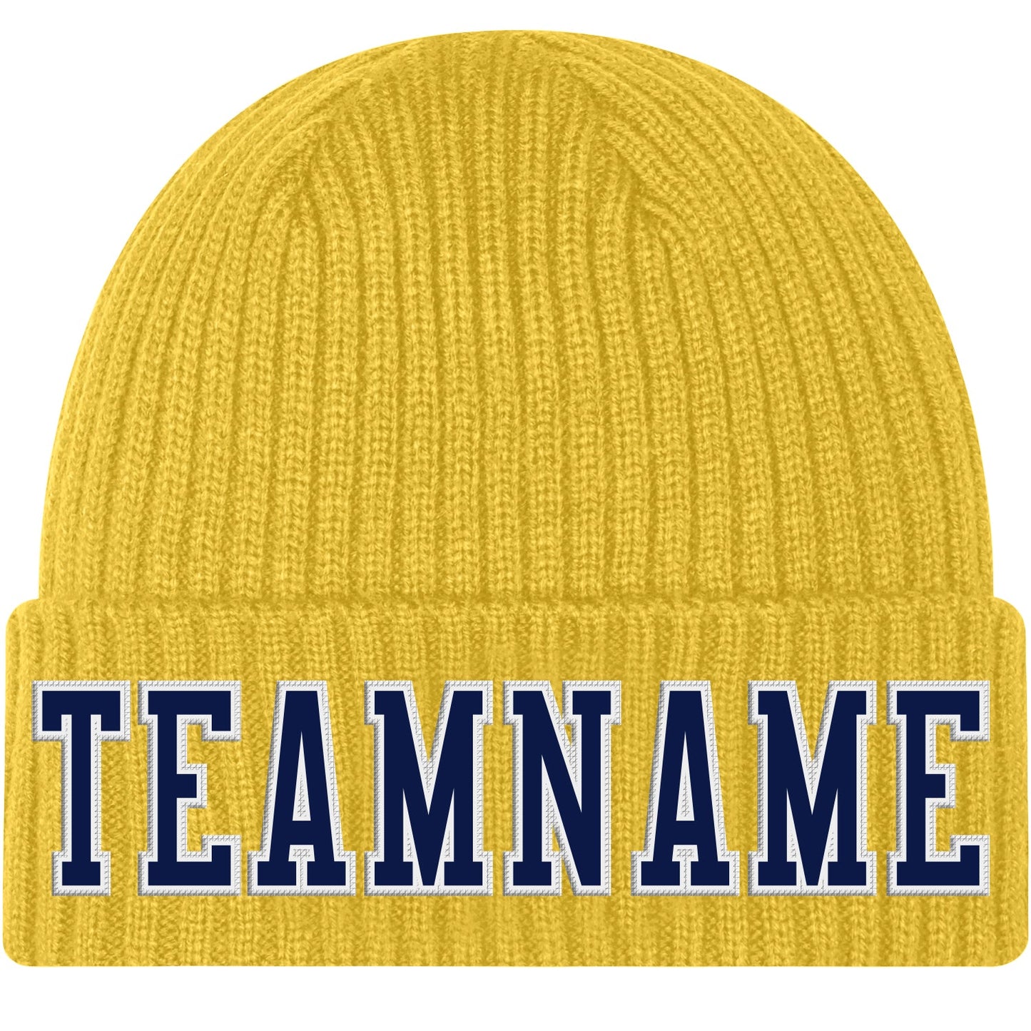 Custom Gold Navy-White Stitched Cuffed Knit Hat - Main View
