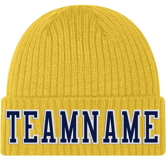 Custom Gold Navy-White Stitched Cuffed Knit Hat - Main View