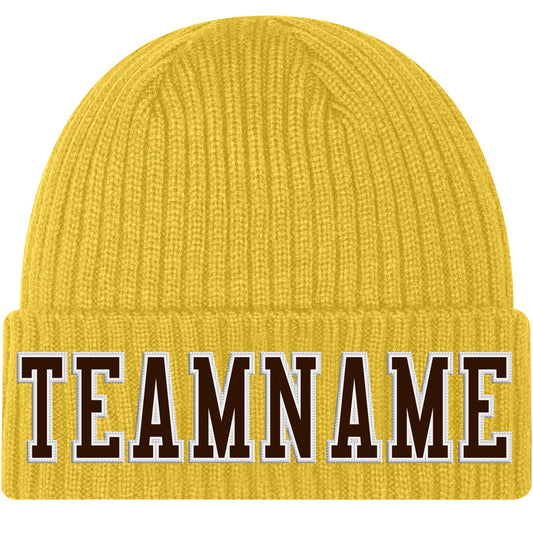 Custom Gold Brown-White Stitched Cuffed Knit Hat - Main View