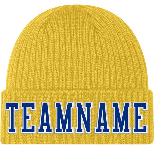 Custom Gold Royal-White Stitched Cuffed Knit Hat - Main View