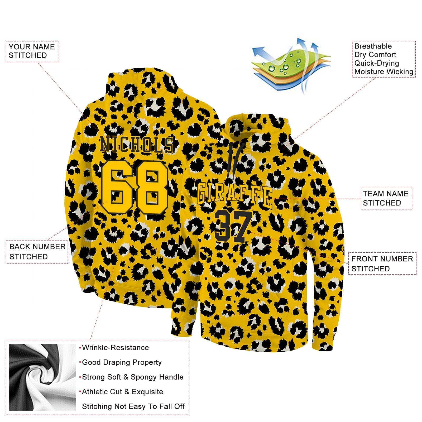 Custom Stitched Gold Gold-Black 3D Pattern Design Leopard Sports Pullover Sweatshirt Hoodie view 2
