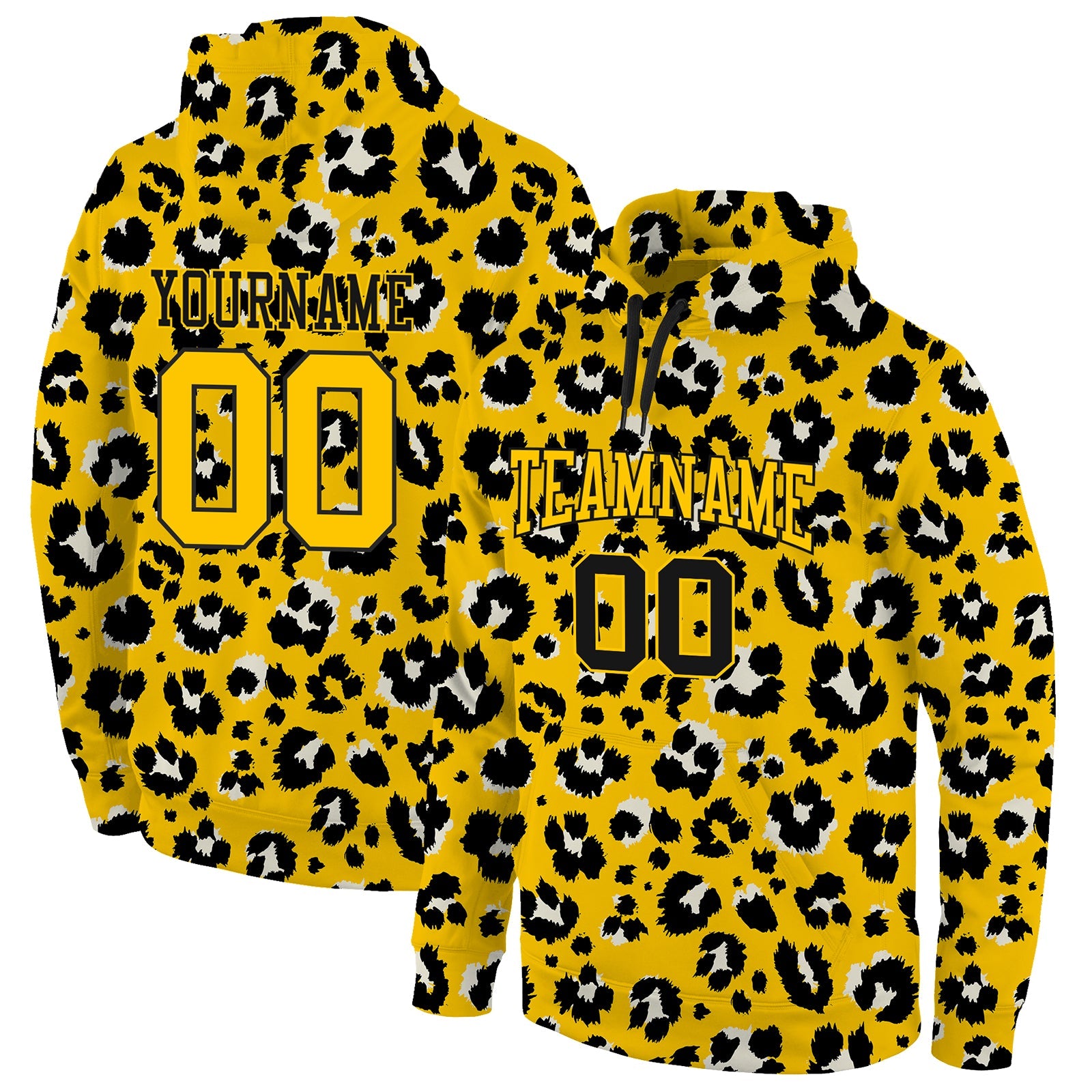 Custom Stitched Gold Gold-Black 3D Pattern Design Leopard Sports Pullover Sweatshirt Hoodie - Main View
