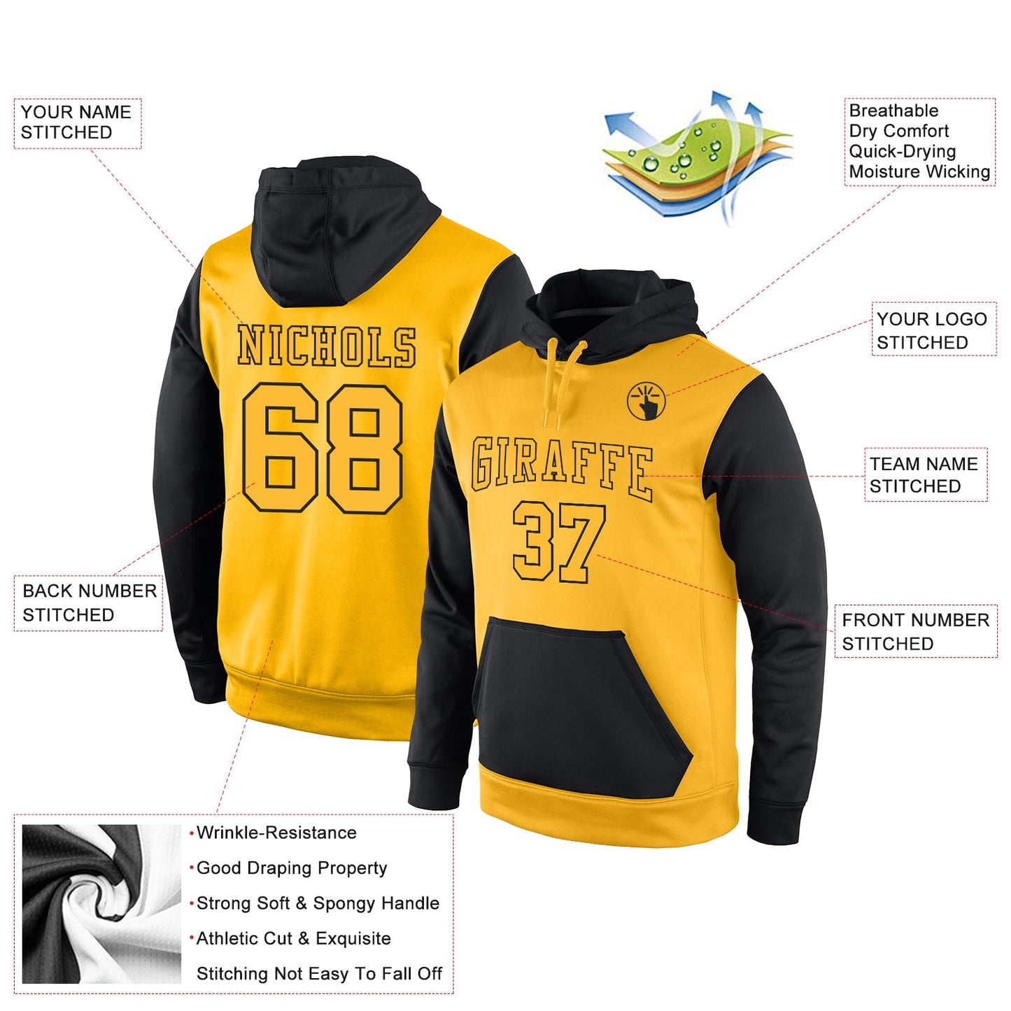 Custom Stitched Gold Gold-Black Sports Pullover Sweatshirt Hoodie view 2