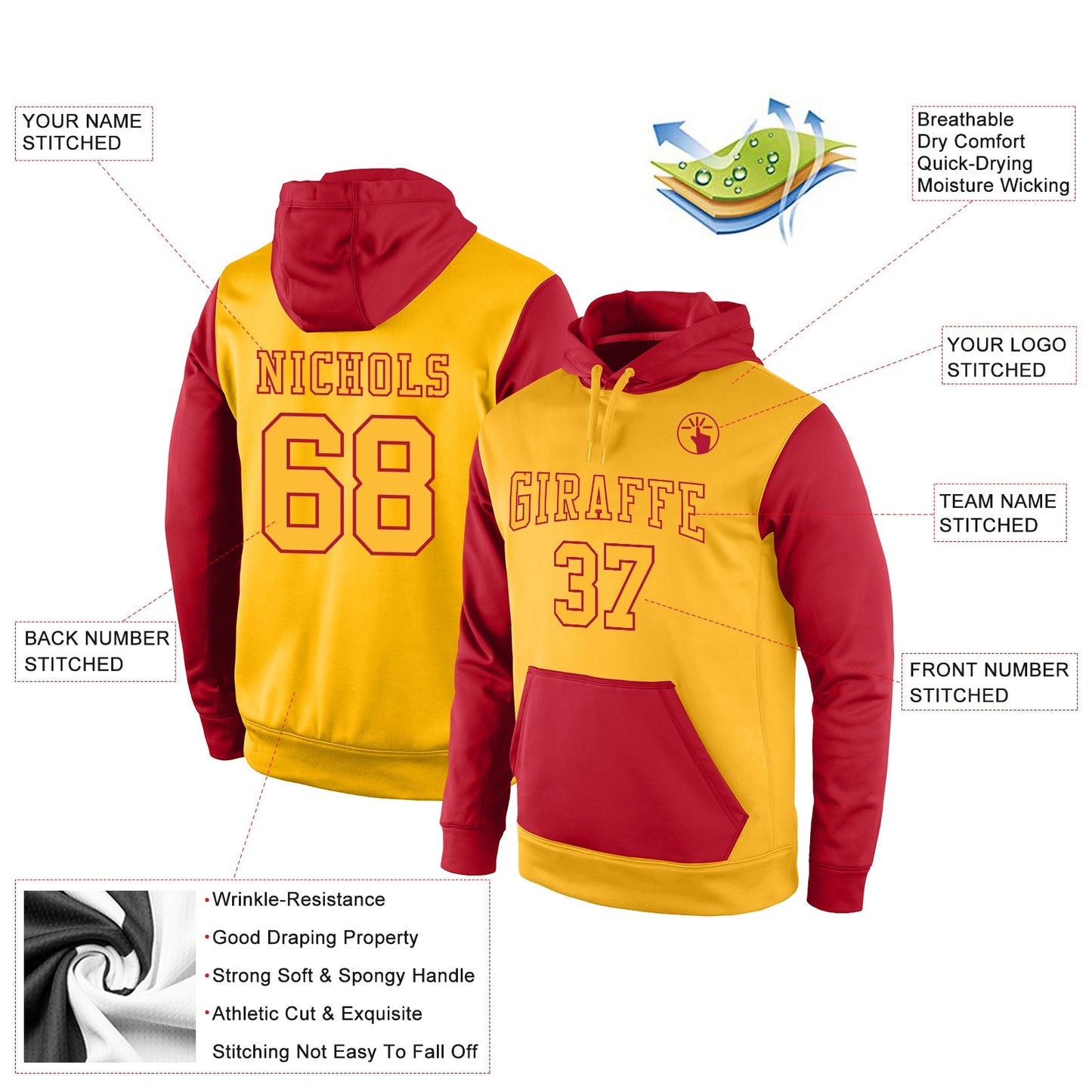 Custom Stitched Gold Gold-Red Sports Pullover Sweatshirt Hoodie view 2