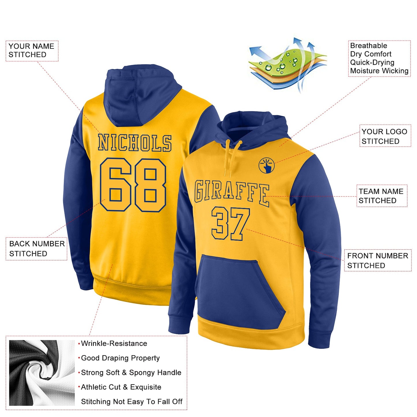 Custom Stitched Gold Gold-Royal Sports Pullover Sweatshirt Hoodie view 2
